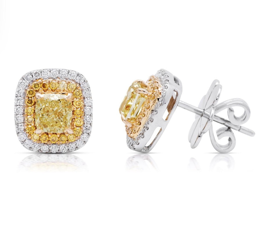 Yellow Cushion Diamond Double Halo Stud Earrings