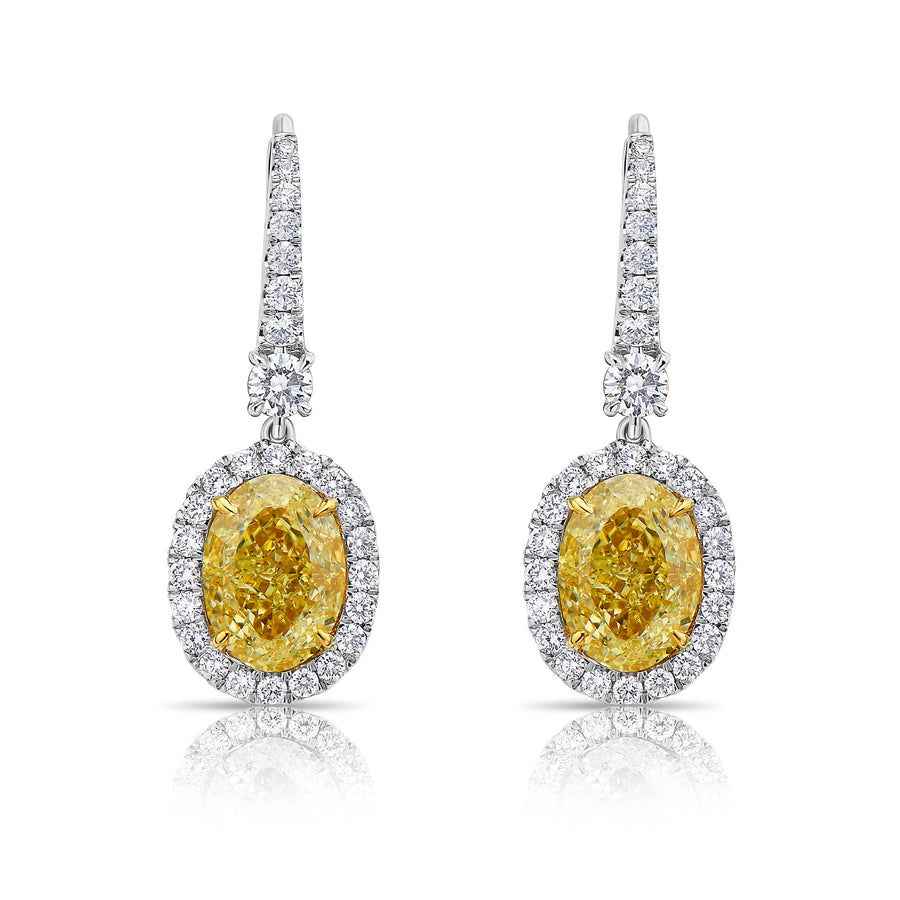 3.03ct & 3.02ct Fancy Light Yellow Oval Diamond Earrings VS GIA