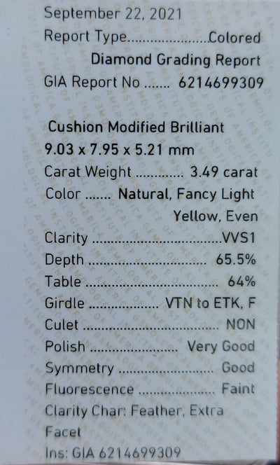3.49ct Fancy Light Yellow Cushion VVS1 GIA