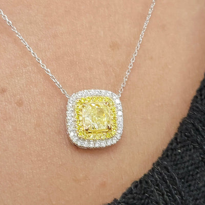 0.82ct Yellow Diamond Cushion Double Halo Pendant