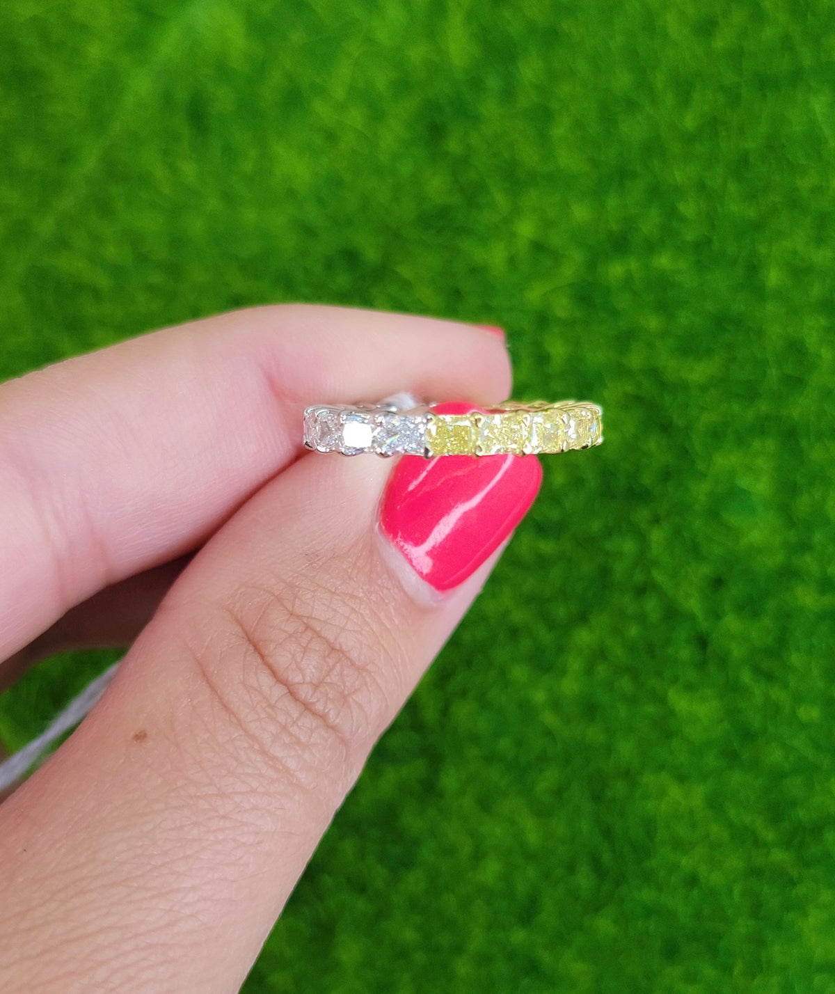 Half Yellow Diamond Half White Diamond Radiant East-West Eternity Band