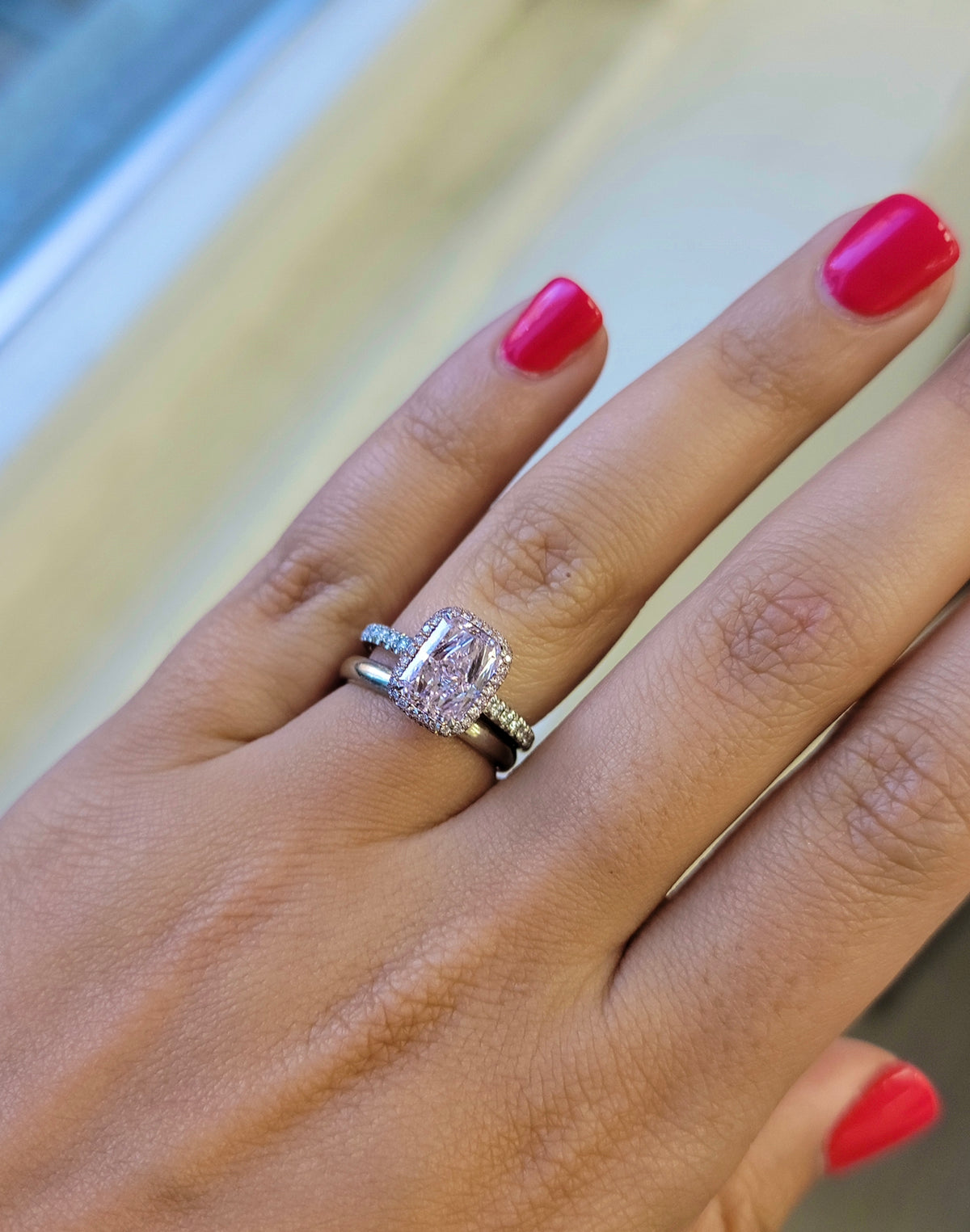 2.08ct Light Pink Long Radiant Diamond Ring VS2 GIA
