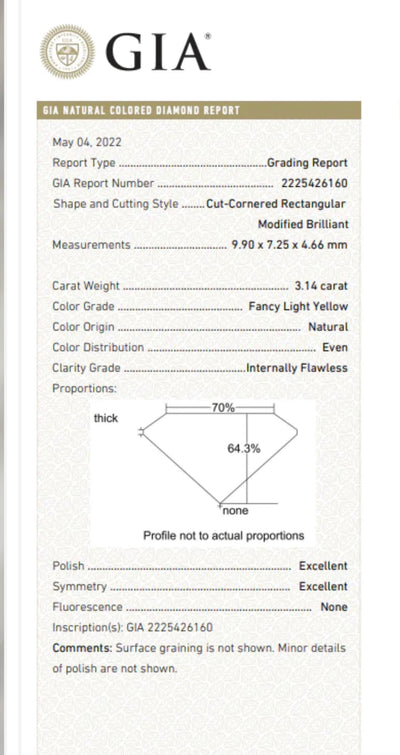 3.14ct Fancy Light Yellow Long Radiant IF GIA