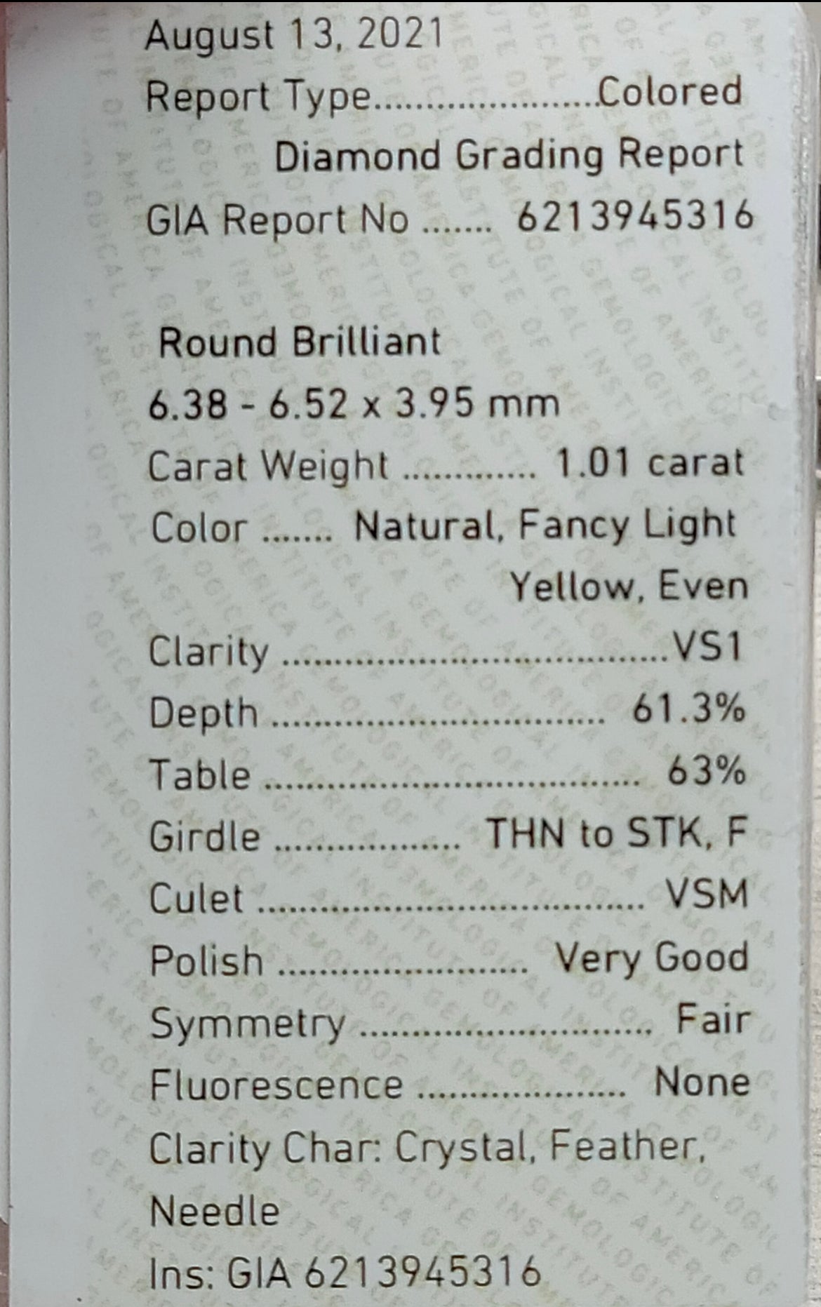 1.01ct Fancy Light Yellow Round VS1 GIA