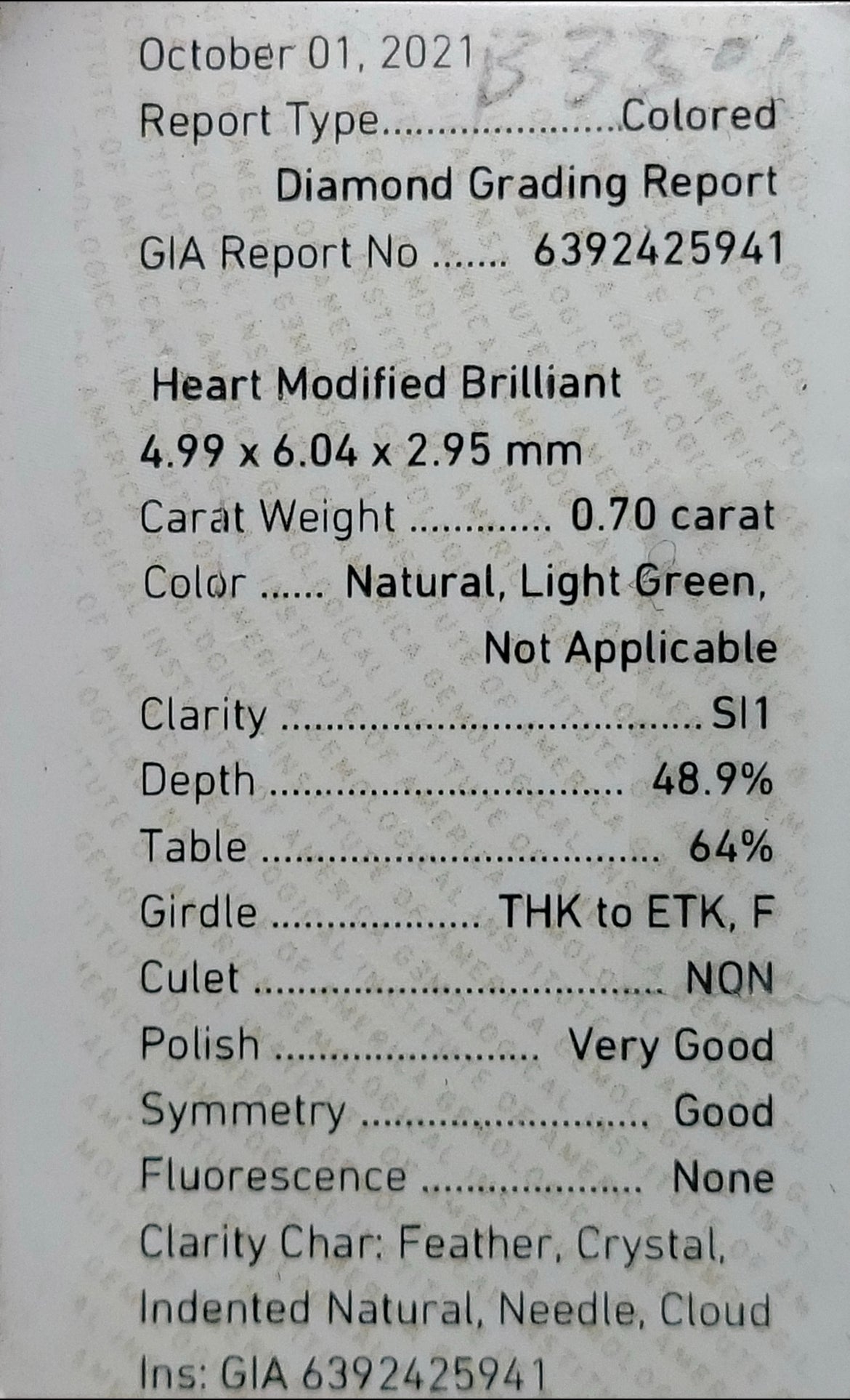 .70ct Light Green Heart SI1 GIA