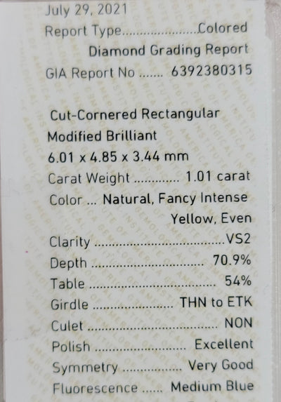 1.01ct Fancy Intense Yellow Radiant VS2 GIA