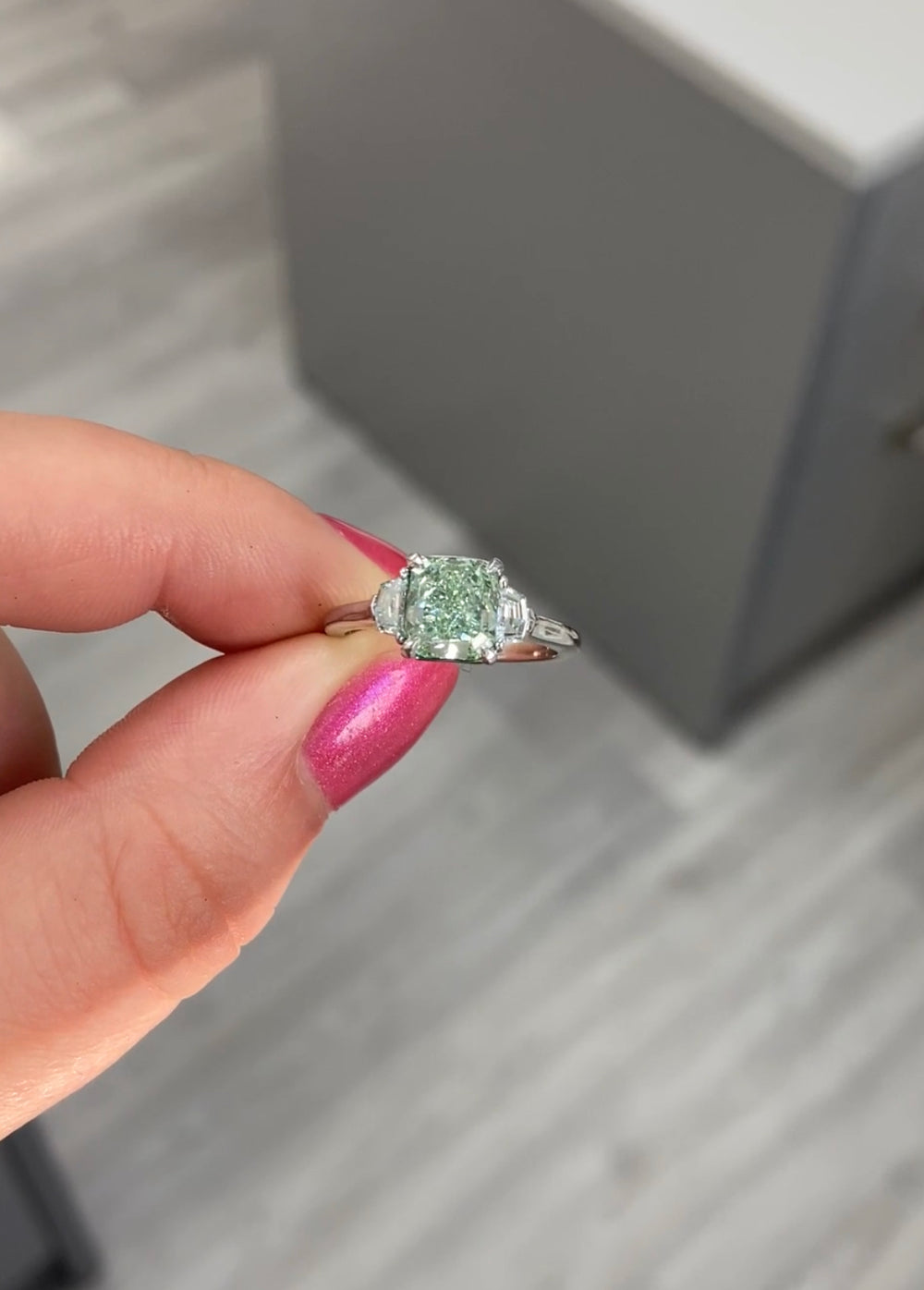 1.67ct Fancy Light Bluish Green Radiant Diamond Ring VS2 GIA