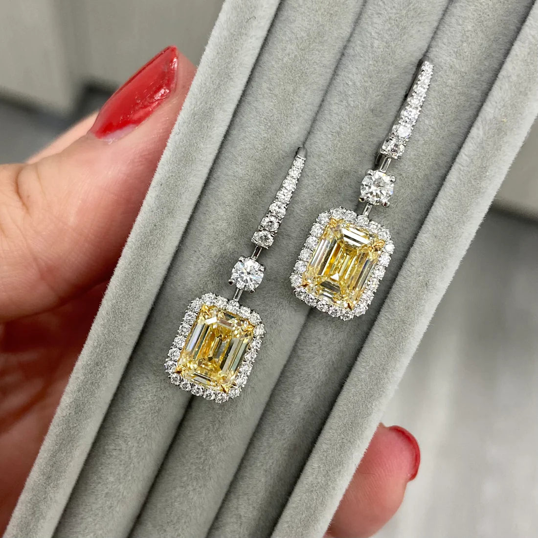 6.10ct Light Yellow Emerald Cut Diamond Drop Earrings GIA