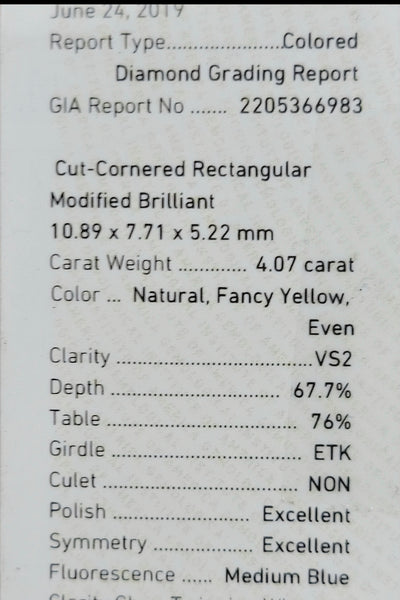 4.07ct Fancy Yellow Long Radiant VS2 GIA