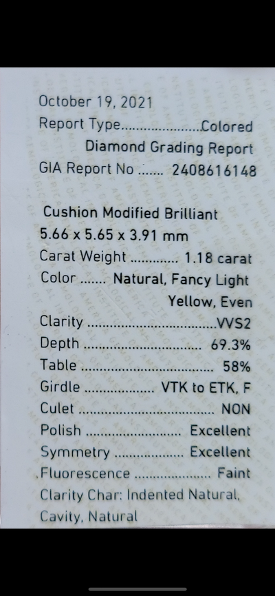 1.18ct Fancy Light Yellow Cushion VVS2 GIA