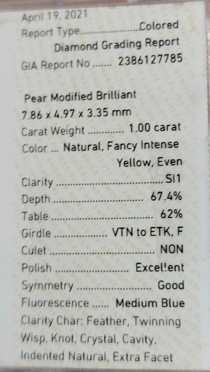 1.00ct Fancy Intense Yellow Pear SI1 GIA