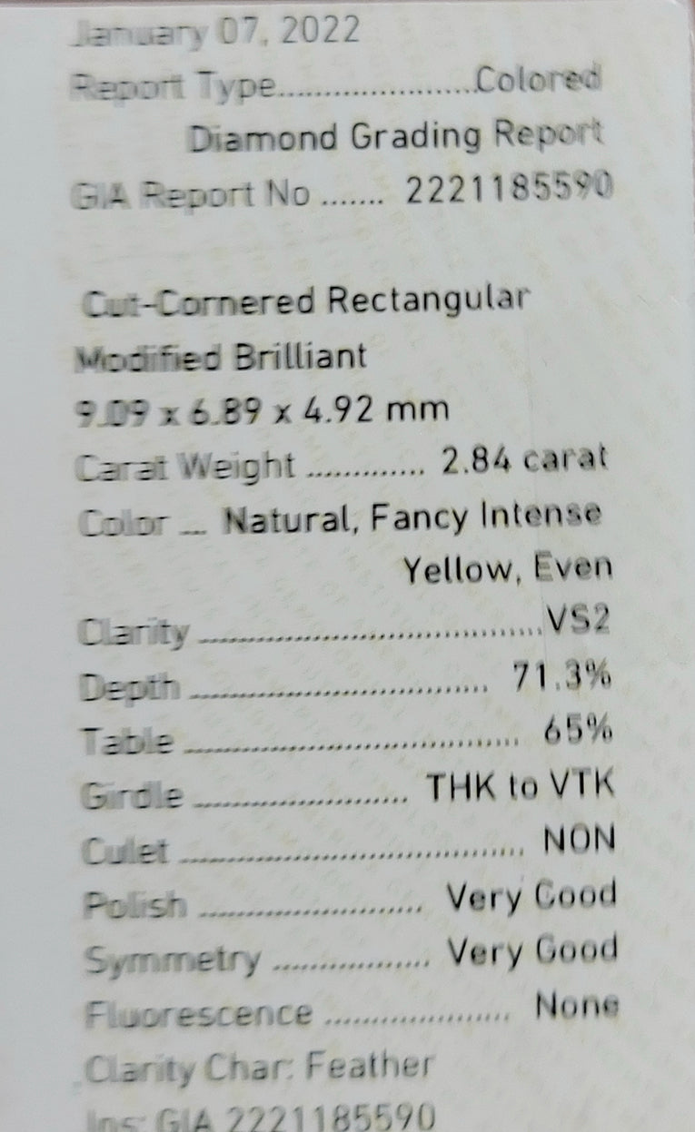 2.84ct Fancy Intense Yellow Long Radiant VS2 GIA