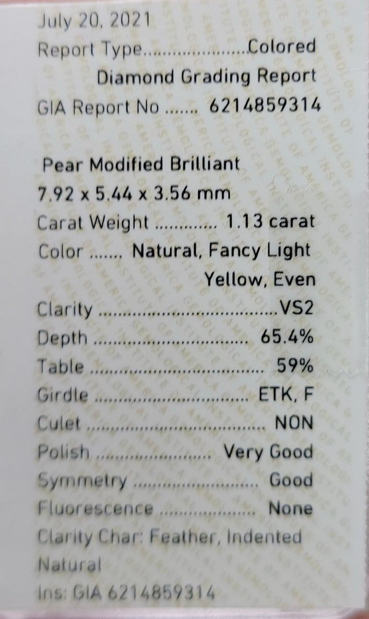 1.13ct Fancy Light Yellow Pear VS2 GIA