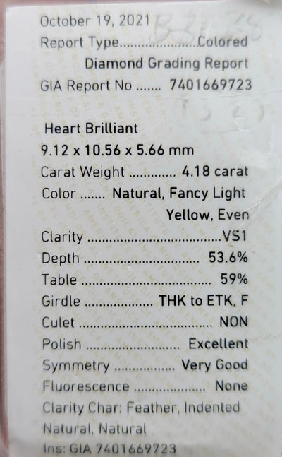 4.18ct Fancy Light Yellow Heart VS1 GIA