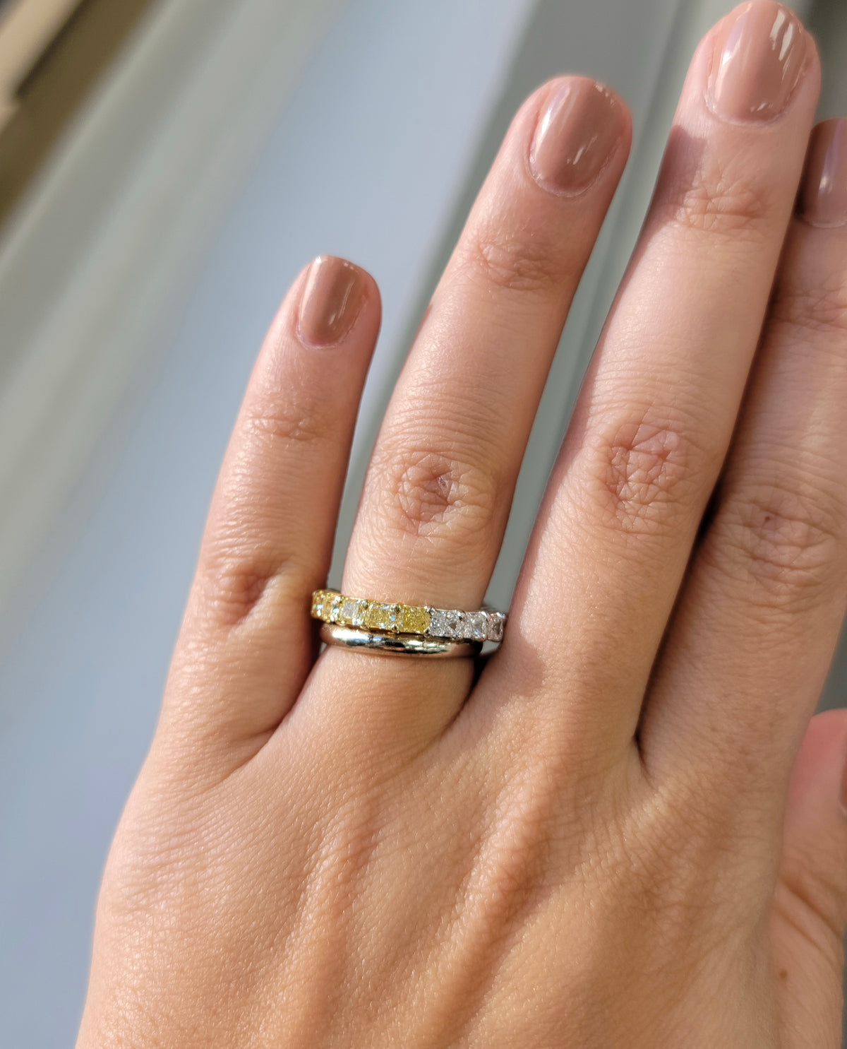 Half Yellow Diamond Half White Diamond Radiant East-West Eternity Band