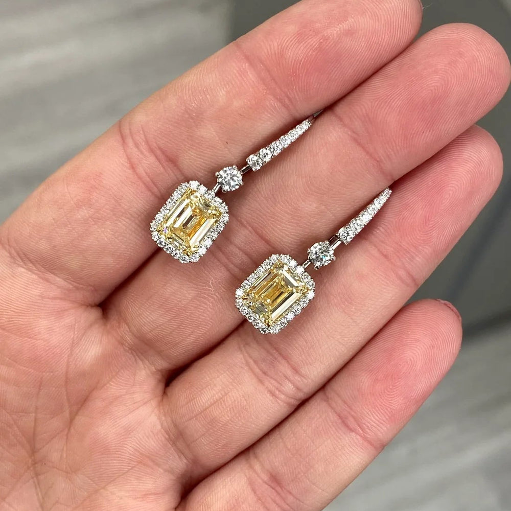 6.10ct Light Yellow Emerald Cut Diamond Drop Earrings GIA