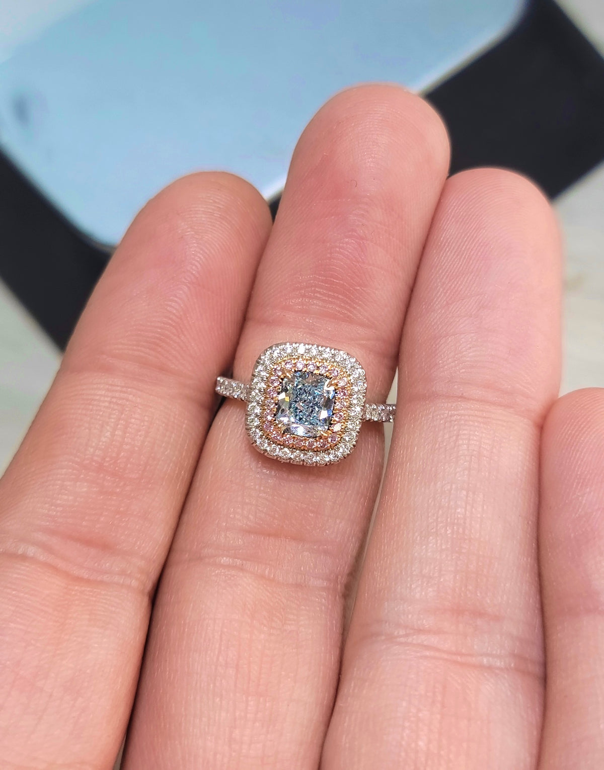 1.04ct Light Blue Cushion Diamond Ring SI1 GIA