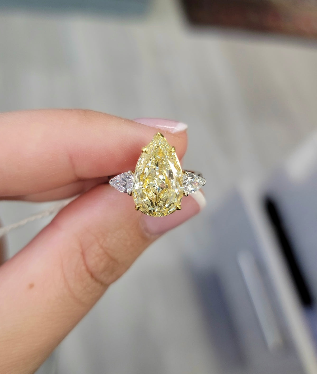 4.01ct Light Yellow Pear Diamond Three Stone Ring VVS1 GIA