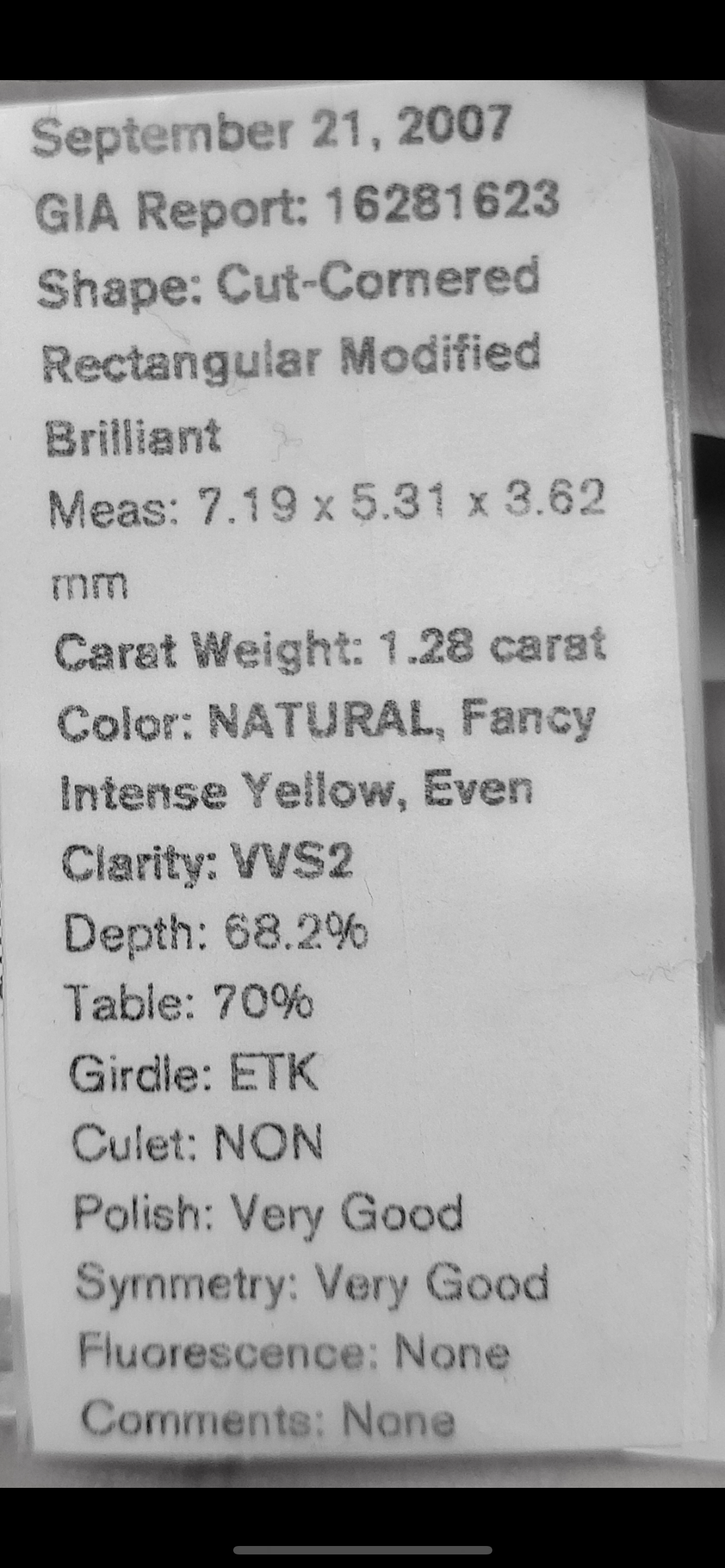 1.28ct Fancy Intense Yellow Radiant VVS2 GIA