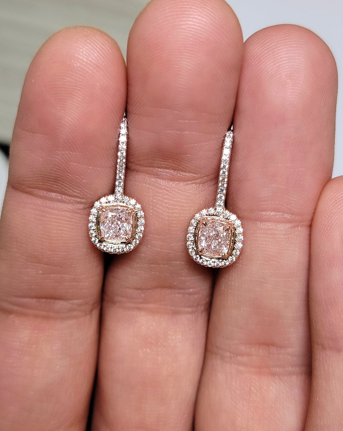 2.92ct Light Pink Cushion Cut Diamond Drop Earrings SI1 GIA