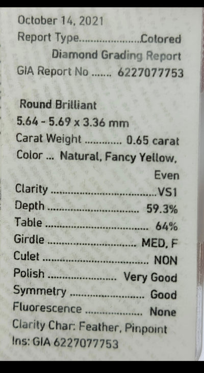0.65ct Fancy Yellow Round VS1 GIA