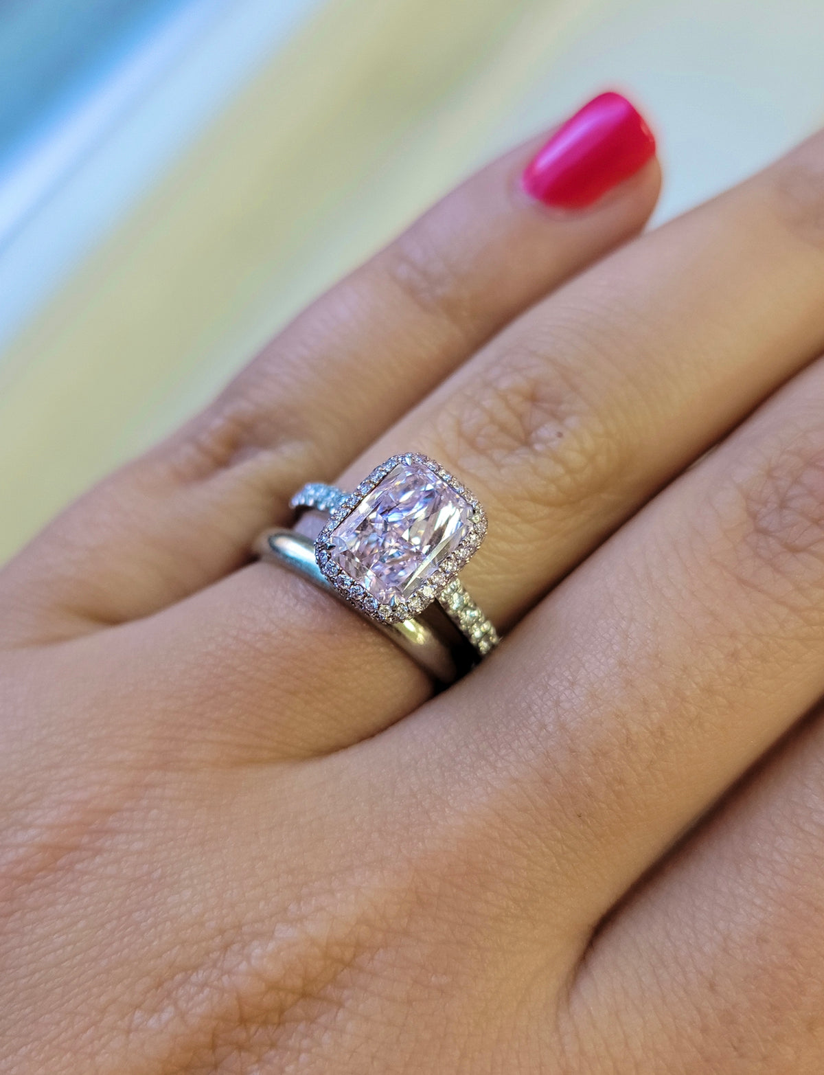 2.08ct Light Pink Long Radiant Diamond Ring VS2 GIA
