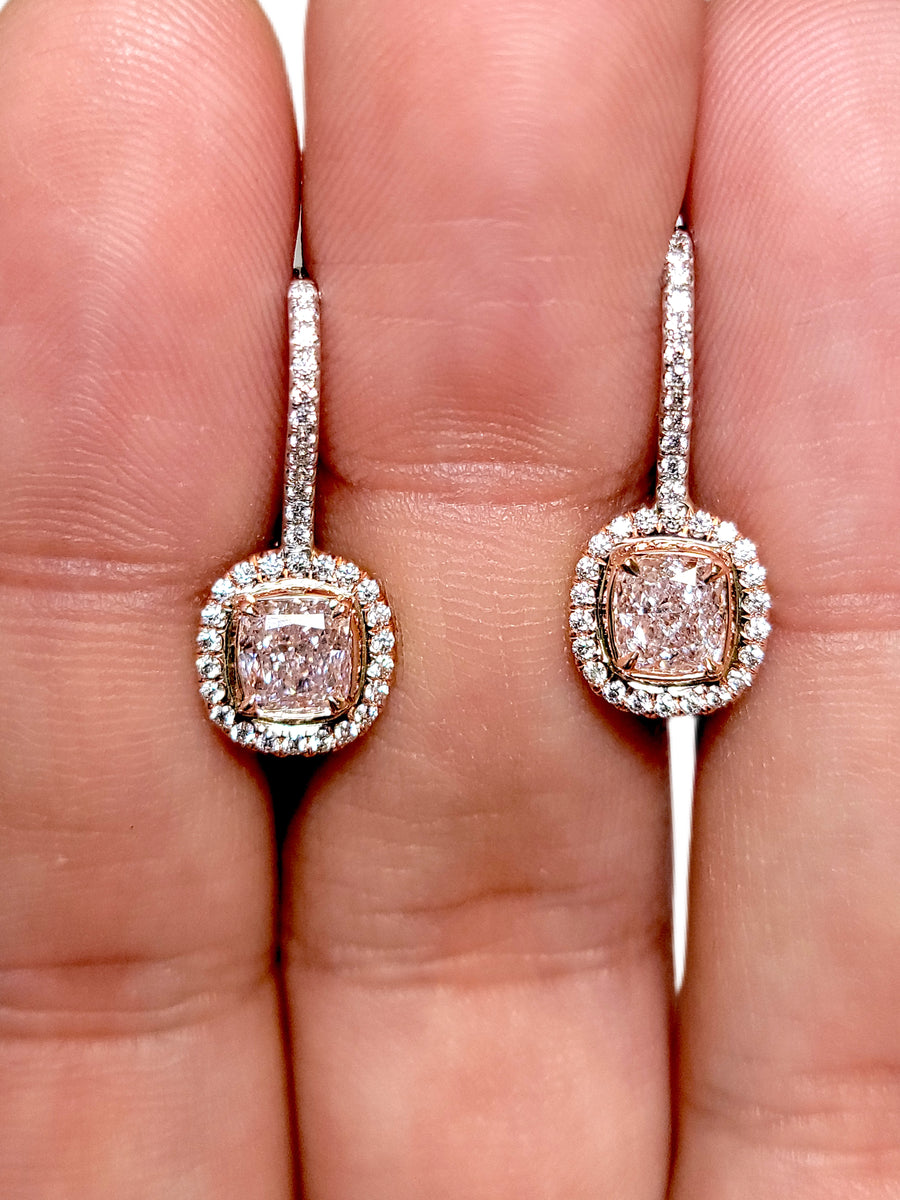 2.92ct Light Pink Cushion Cut Diamond Drop Earrings SI1 GIA