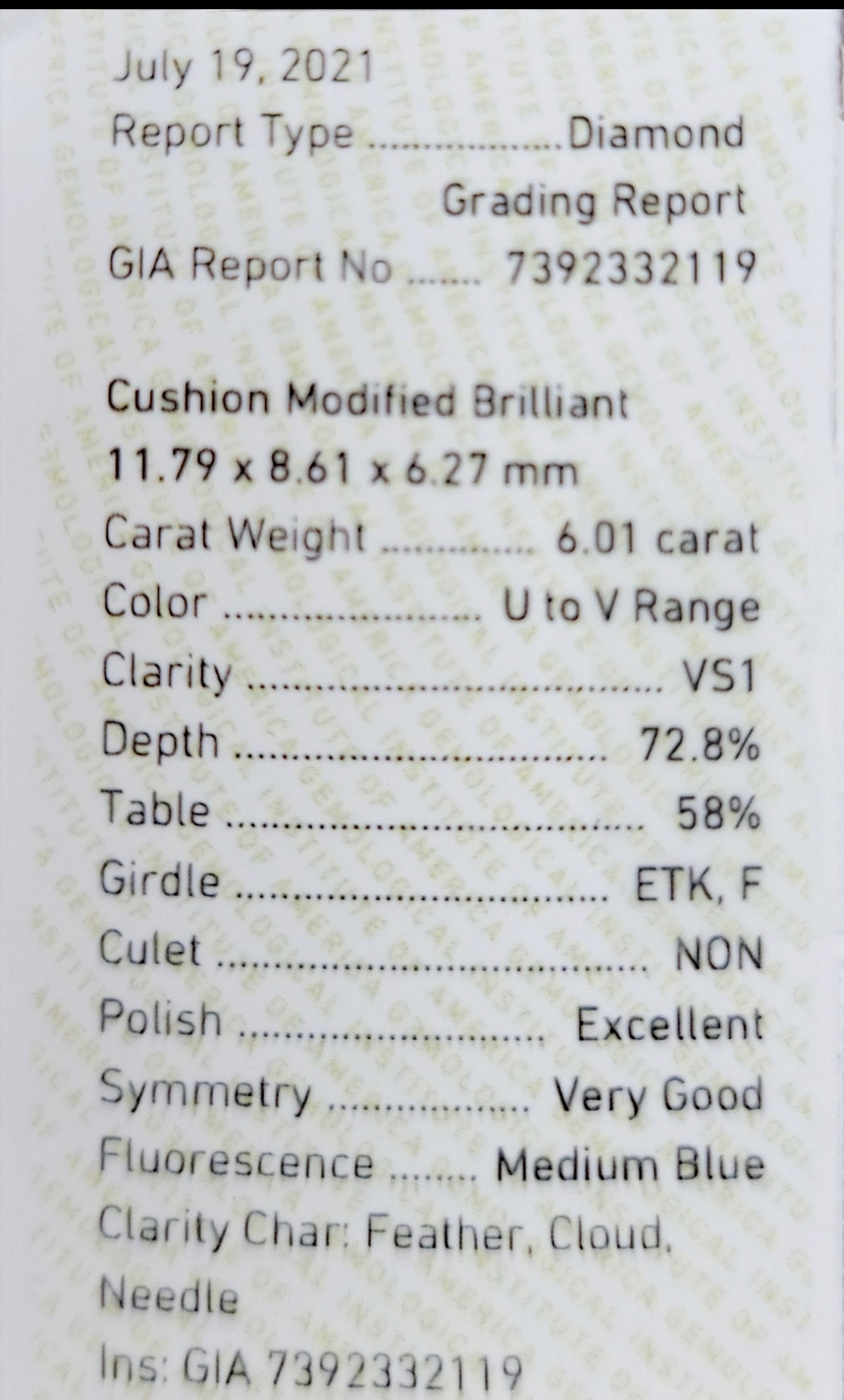 6.01ct Light Yellow Cushion VS1 GIA