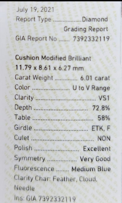 6.01ct Light Yellow Cushion VS1 GIA
