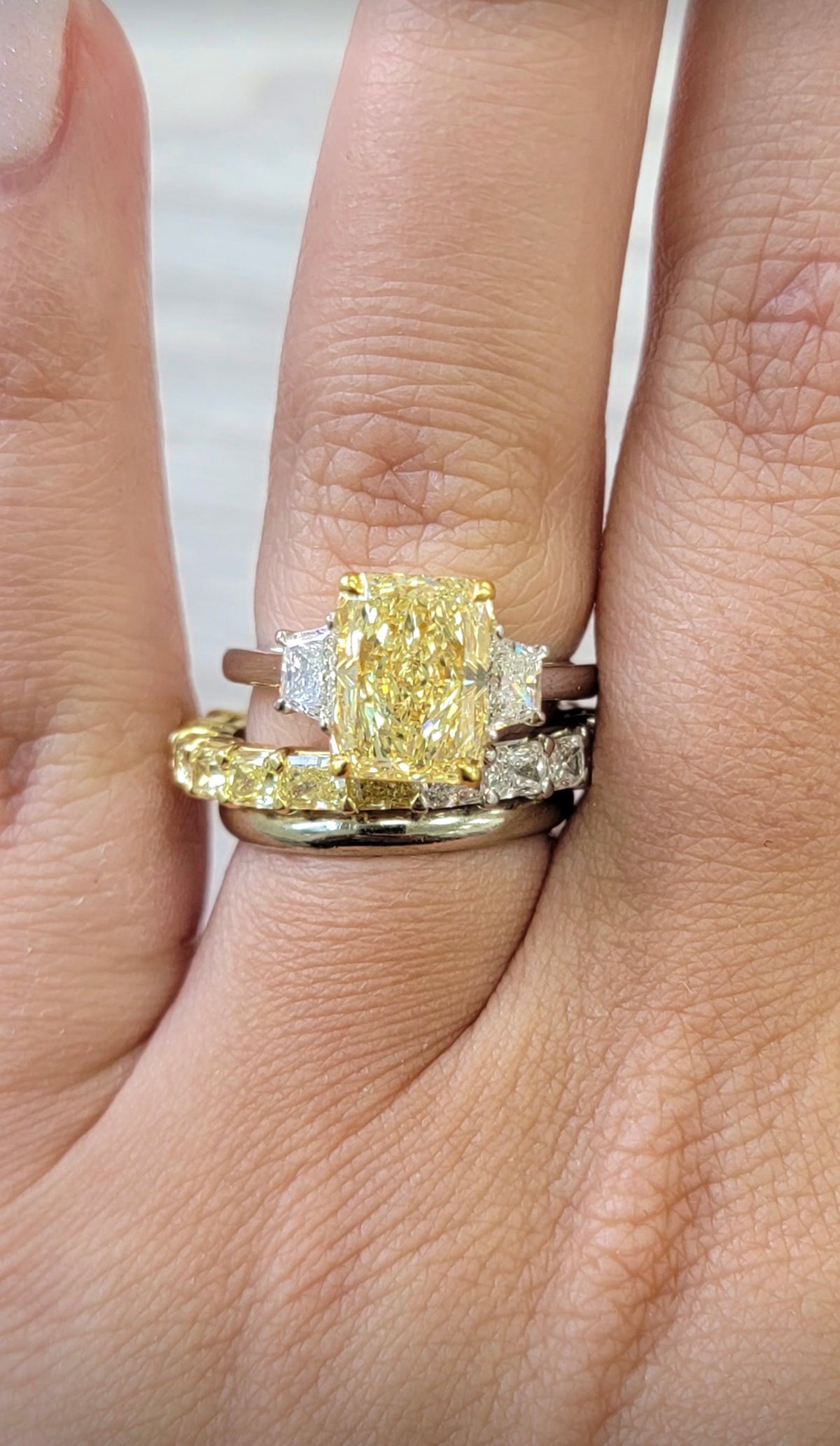3.14ct Fancy Light Yellow Long Radiant Diamond Ring IF GIA