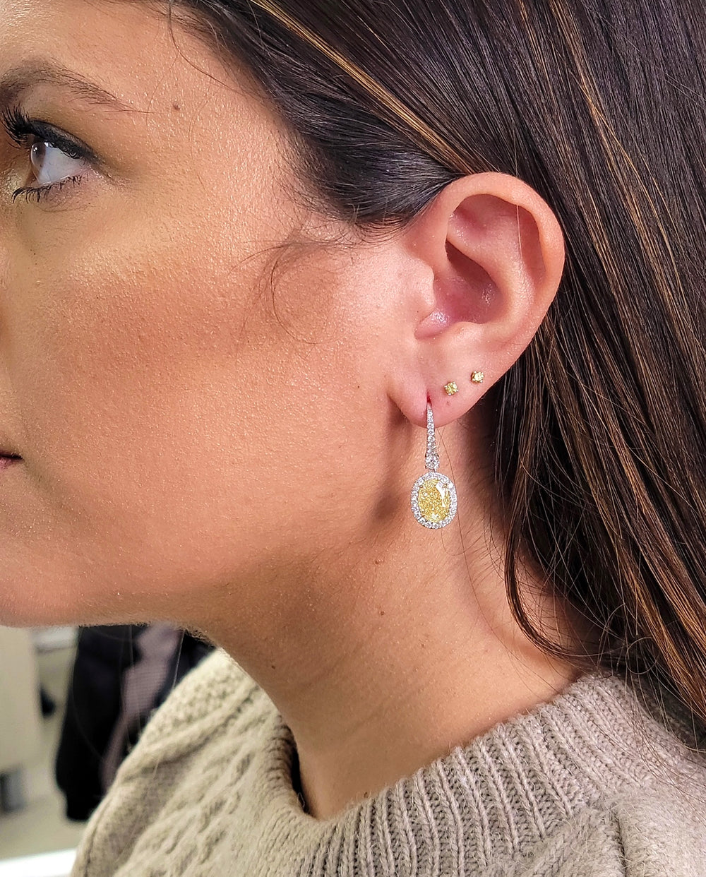 3.03ct & 3.02ct Fancy Light Yellow Oval Diamond Earrings VS GIA