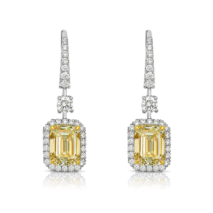 6.10ct Light Yellow Emerald Cut Diamond Drop Earrings GIA