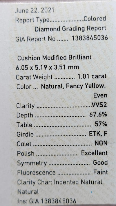 1.01ct Fancy Yellow Cushion VVS2 GIA