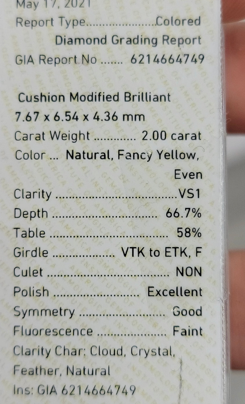 2.00ct Fancy Yellow Cushion VS1 GIA