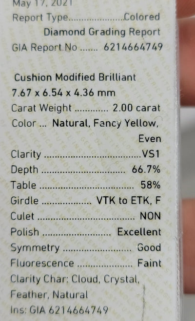 2.00ct Fancy Yellow Cushion VS1 GIA