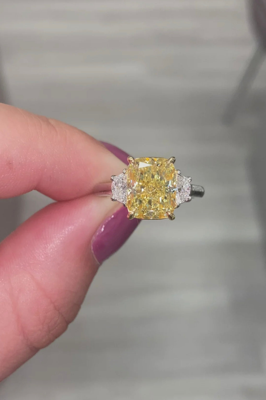 3.48ct Fancy Yellow Cushion Diamond Three Stone Ring VVS1 GIA