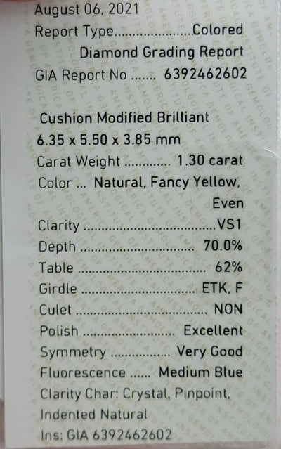 1.30ct Fancy Yellow Cushion VS1 GIA