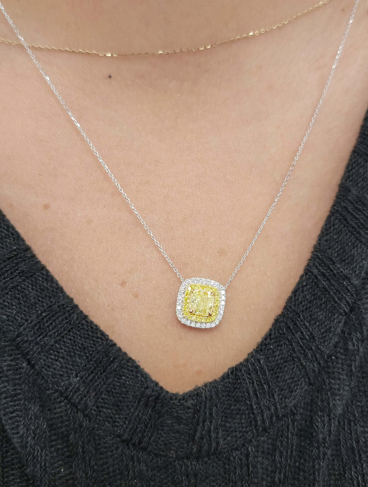 0.82ct Yellow Diamond Cushion Diamond Double Halo Pendant