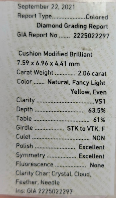 2.06ct Fancy Light Yellow Cushion VS1 GIA
