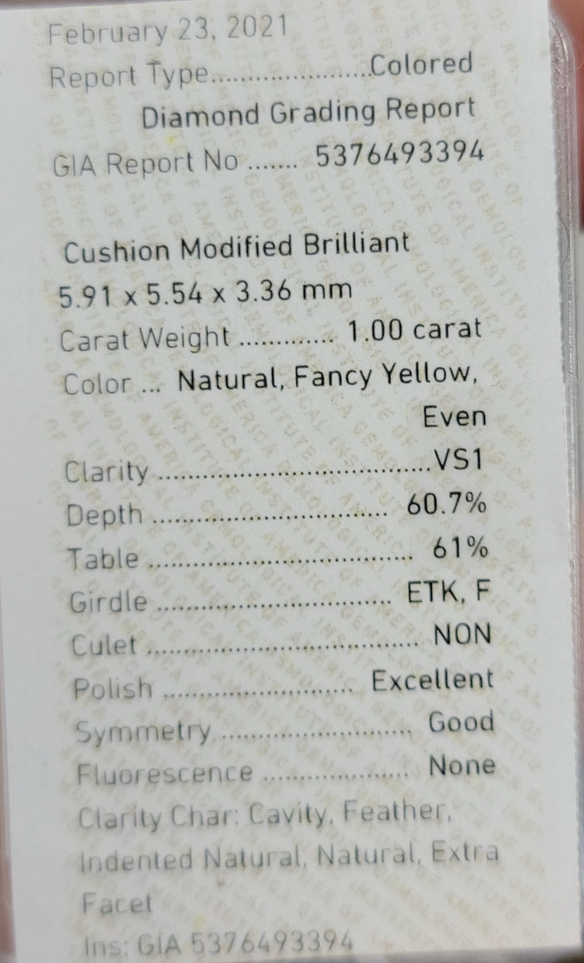 1.00ct Fancy Yellow Cushion VS1 GIA
