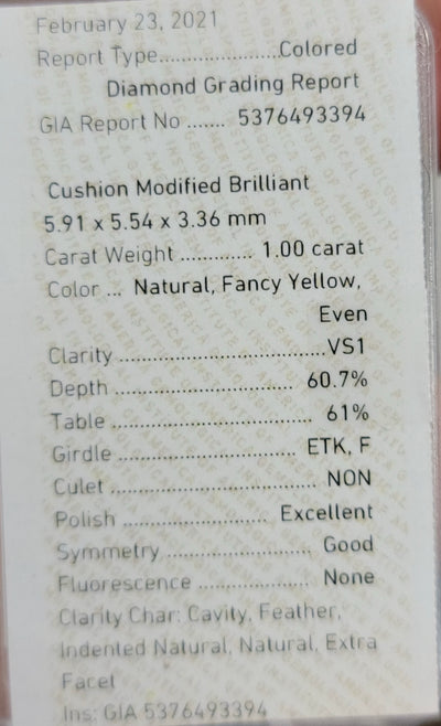 1.00ct Fancy Yellow Cushion VS1 GIA