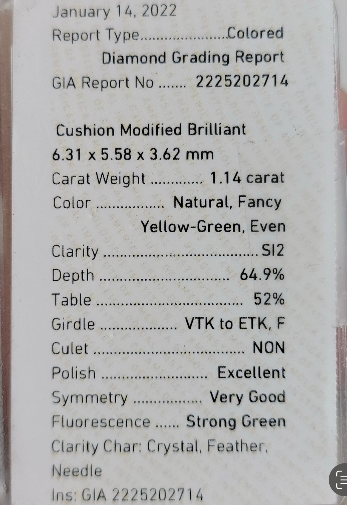 1.14ct Fancy Yellow-Green NEON Cushion SI2 GIA