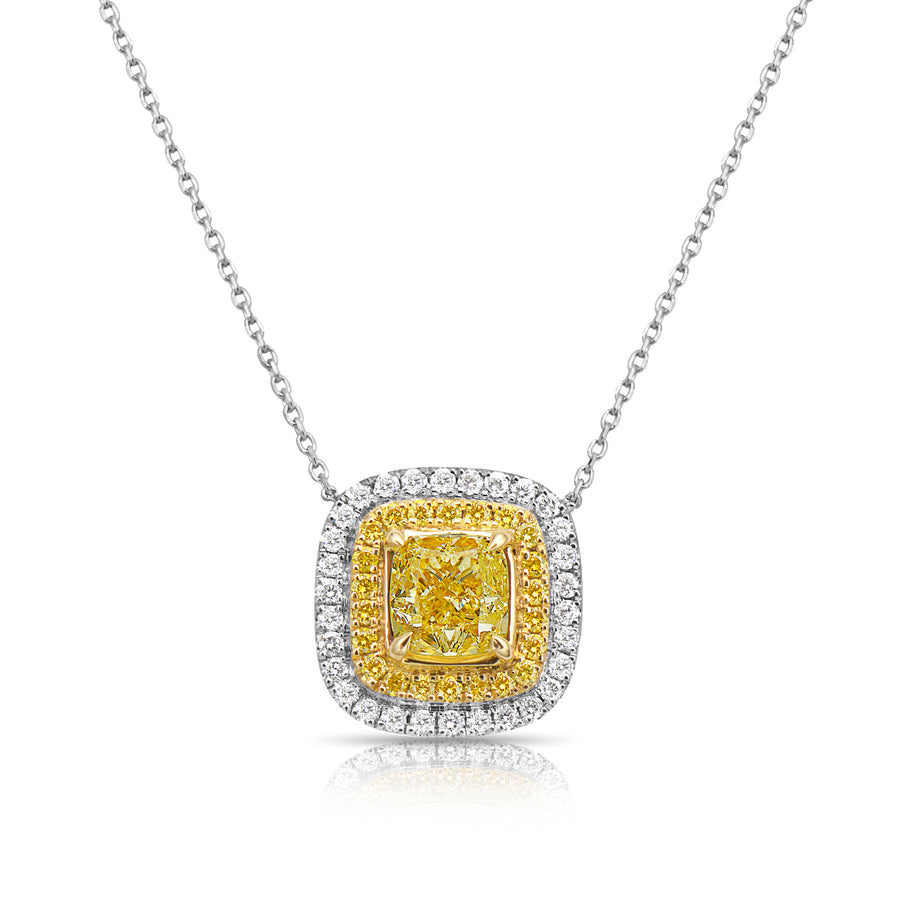 0.82ct Yellow Diamond Cushion Diamond Double Halo Pendant