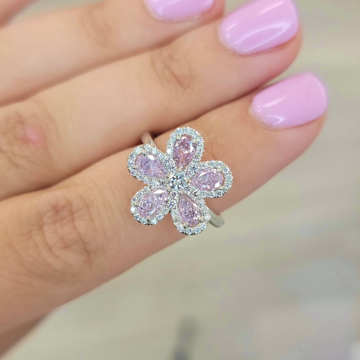 1.64ctw Light Pink-Purple Diamond Flower Cocktail Ring