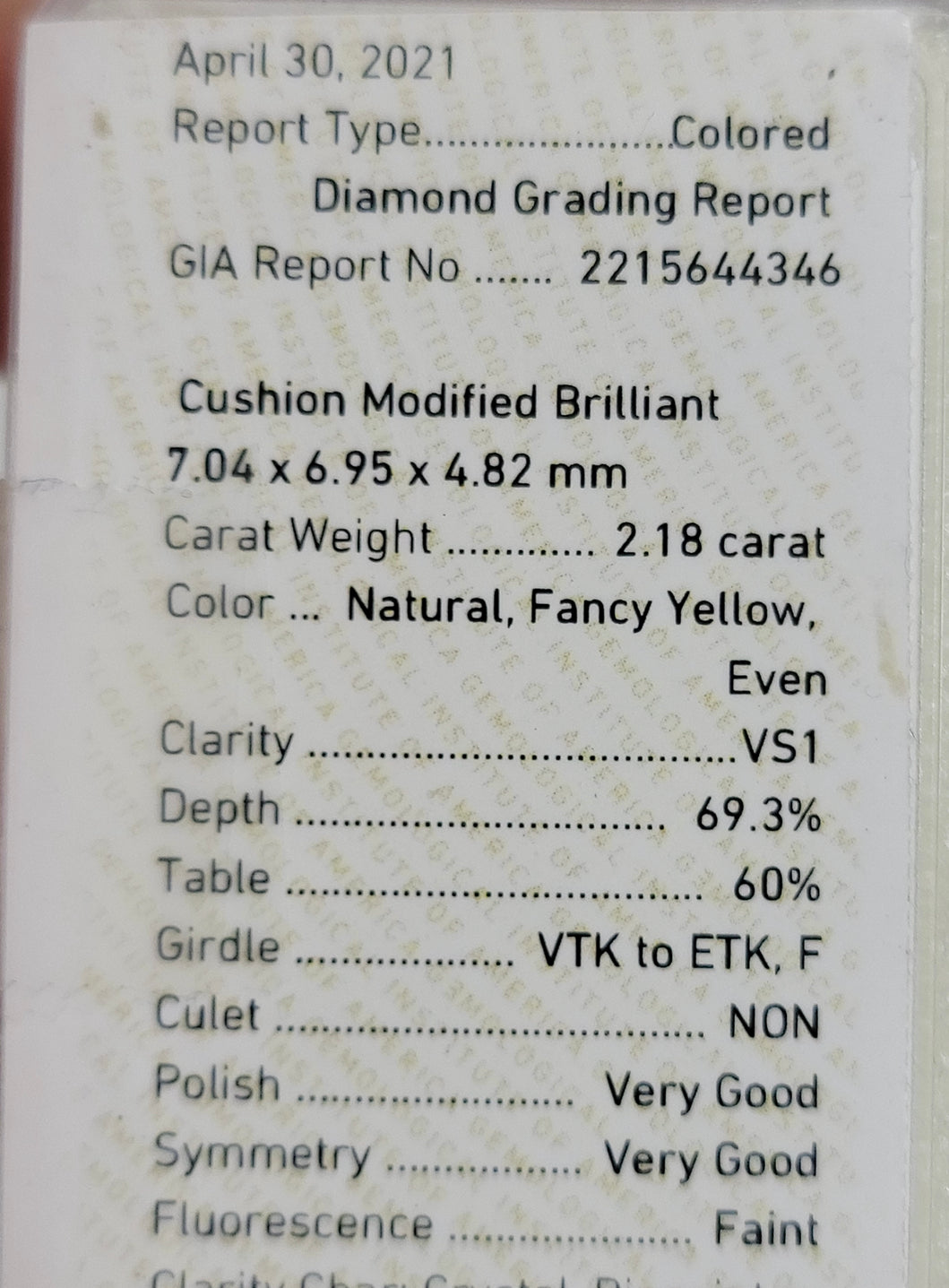 2.18ct Fancy Yellow Square Cushion VS1 GIA