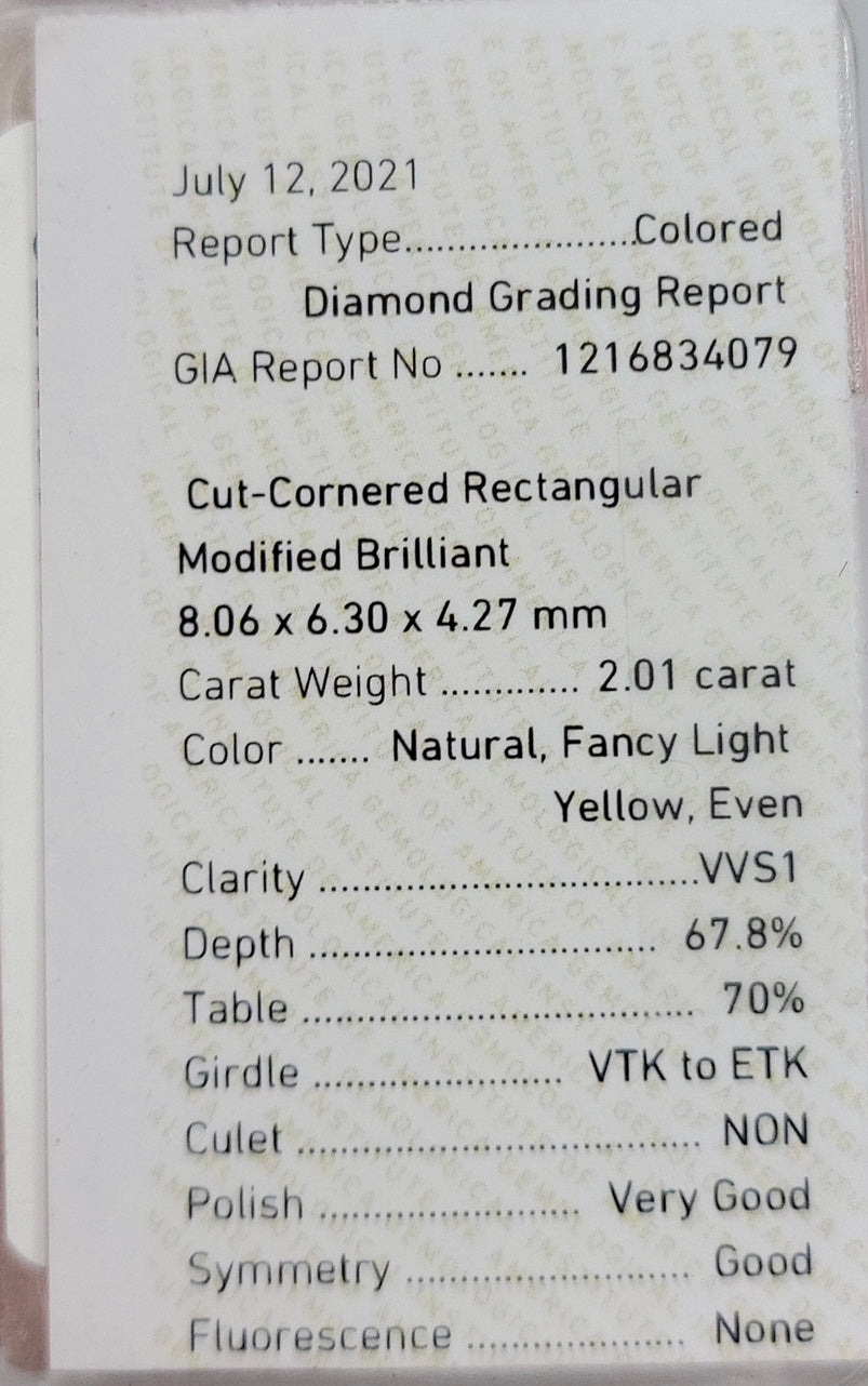 2.01ct Fancy Light Yellow Radiant VVS1 GIA