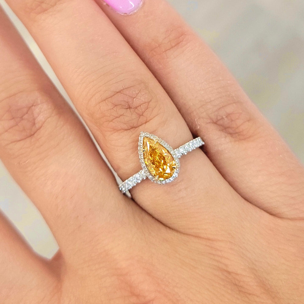 1.05ct Fancy Intense Yellow-Orange Pear Diamond Ring SI2 GIA